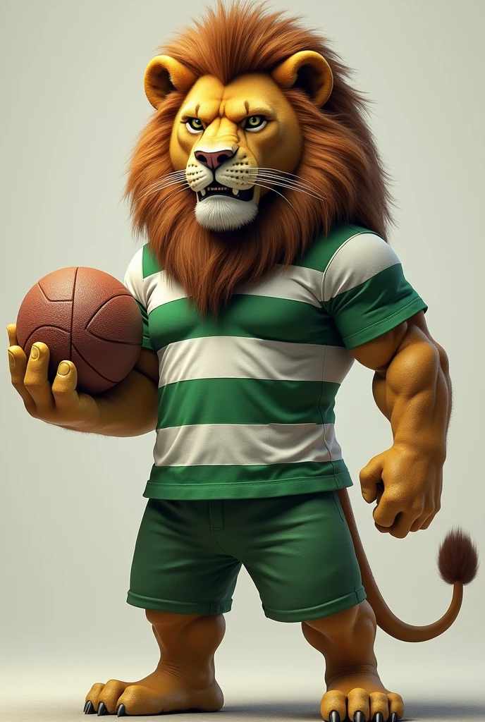Realistic lion animal wearing a green and white shirt with a ball, looking defiant.