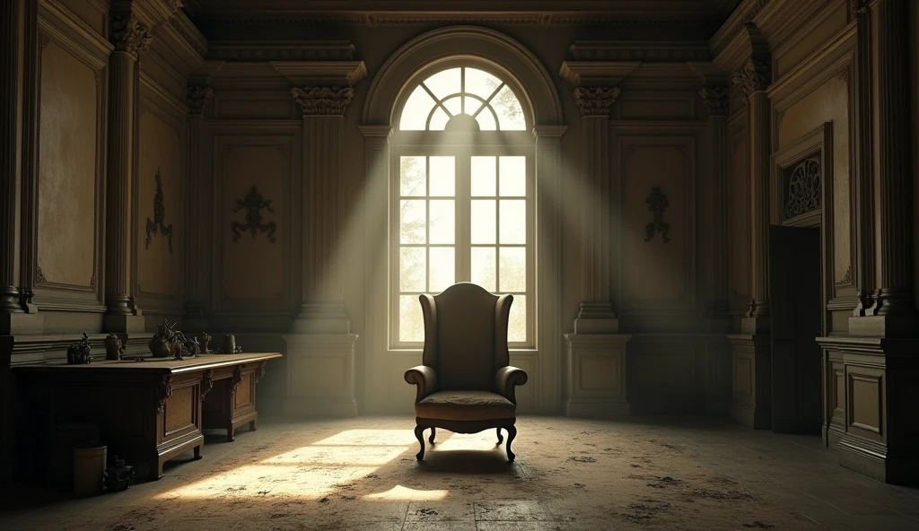 A room inside the mansion with a single chair and a dusty table.