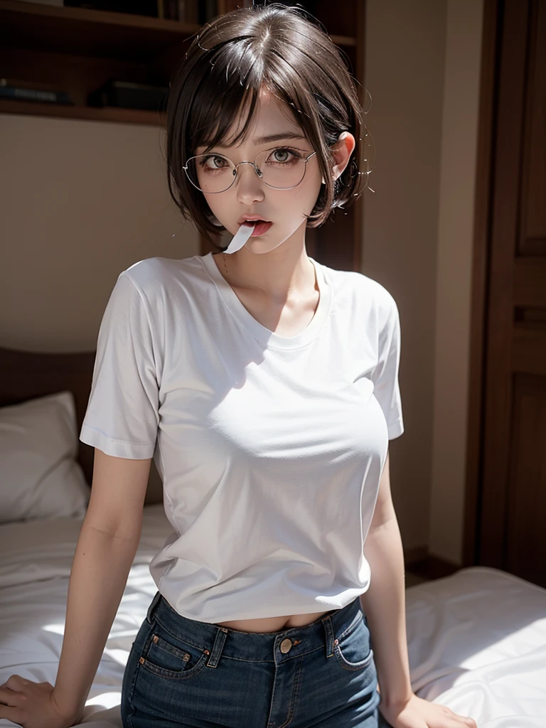tomboy, solo, (very short hair, pixie cut, brown hair), circle-glasses, cute girl, perfect female body, big breasts, cleavage, toned stomach, beautiful limbs, (((((white Shirt))))), black bra top, Distressed jeans short pants, She is standing next to the bed., (((((Roll up your shirt and put it in your mouth))))), Inside the house, night, Moody lighting, Teasing facial expressions, Seductive Eyes, UHD, masterpiece, anatomically correct, textured skin, high details, high quality, anatomically correct, textured skin, high quality