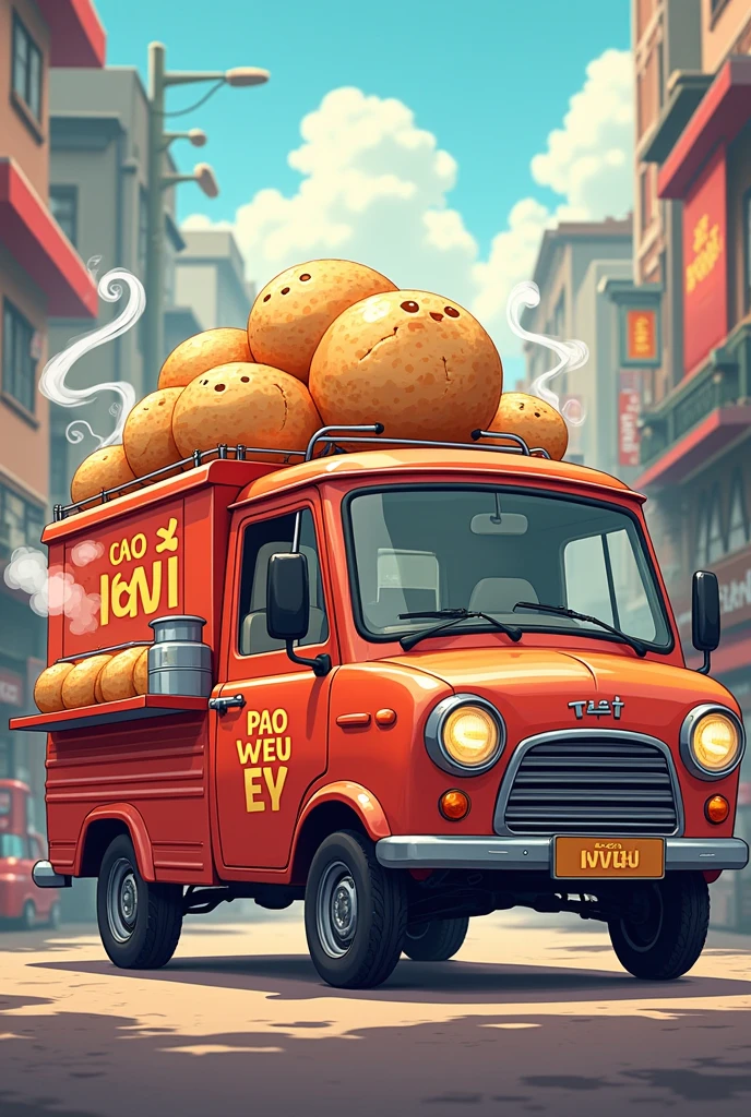 A pickup truck with a roof extension selling steamed buns and dumplings, the shop name is 'Pao Wei Ey' with dumplings and steamed buns as the background. Requesting anime style with the shop name 'Pao Wei Ey' in large Thai text, written as 'เปาเว้ยเฮ้ย'