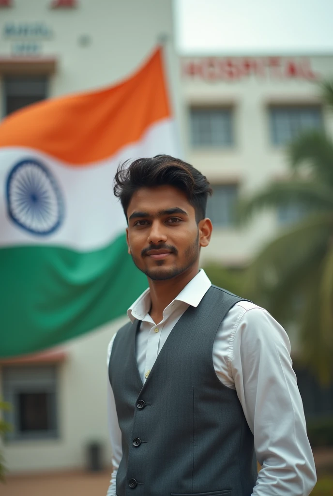 Realistic photo create With Indian flag Name "Shivam Shakya" background Hospital 
