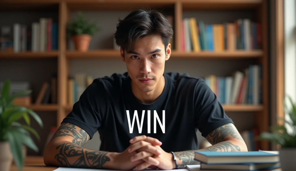 A young man with short dark hair and light skin sits at a desk, wearing a dark t-shirt. He has several tattoos visible on his arms and is positioned in front of a wooden bookshelf filled with books. The word WIN is prominently displayed in the center of the image, creating a motivational theme. The setting appears informal and inviting.