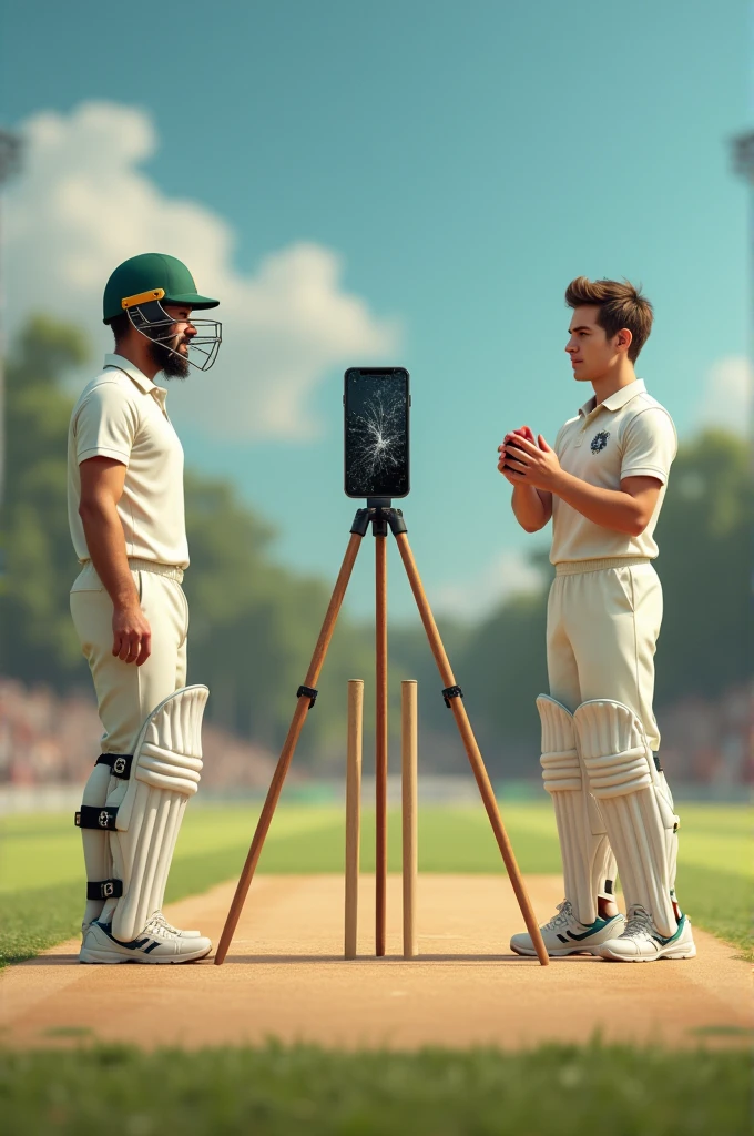 "Generate a humorous image of a cricket pitch where a broken phone is mounted on a tripod in place of the bowler. The scene should include the full pitch with the stumps, a wicketkeeper behind them, and a batsman preparing to face the delivery. The phone and tripod should be positioned where the bowler would normally stand, and the overall scene should have a funny and playful tone, with an exaggerated and comical depiction of the cricket match environment."