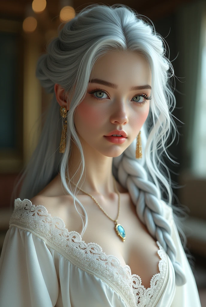 (best quality, masterpiece:1.2), ultra high res, realistic, front lighting, intricate detail, Exquisite details and textures, 1girl, solo ,(young), face highlight, upper body, detailed face, tear mole, white skin, silver hair, ponytail, braid hair, looking at viewer, big eyes, silk robe, (hollow pattern, white, silk), earrings, small breasts, slim body, luxury room, professional lighting, photon mapping, radiosity, physically-based rendering,