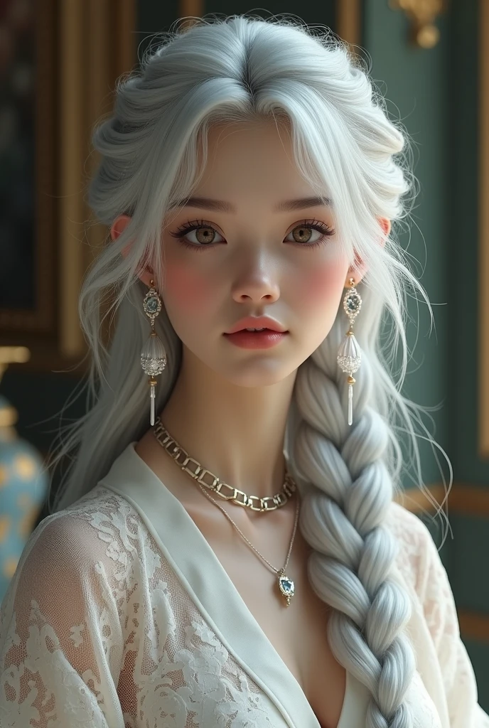 (Best Quality, masterpiece:1.2), ultra high resolution, realist, front lighting, intricate detail, exquisite details and textures, 1 girl, Alone ,(young), Face highlight, Upper part of the body, detailed face, tear mole, white skin, silver hair, Horse tail, hair braid, looking at the viewer, large eyes, that robe, (hollow pattern, white, that), earrings, big breasts with big auroras, Skinny body, luxury room, Professional lighting, Photon mapping, Radiosity, physically based rendering,