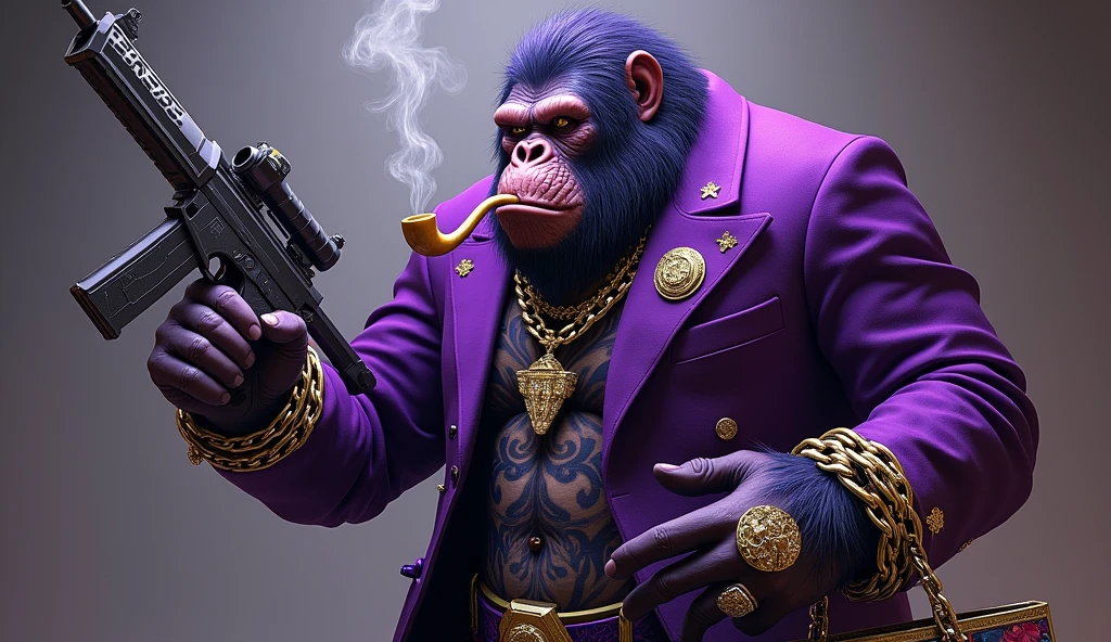 1 purple ape, With giant and high-caliber weapons, with gangster SUIT with chains, tattooed, with huge diamond and gold rings, smoking with a pipe, with a shopping bag. A text that says "Thank you for your purchase"