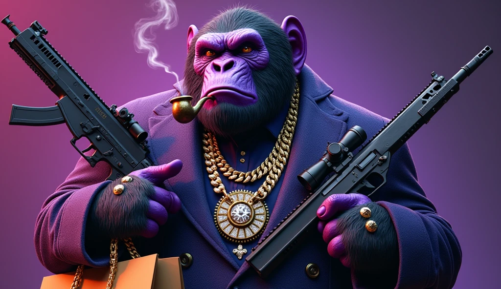 1 purple ape, With giant and high-caliber weapons, with gangster SUIT with chains, tattooed, with huge diamond and gold rings, smoking with a pipe, with a shopping bag. A text that says "Thank you for your purchase"