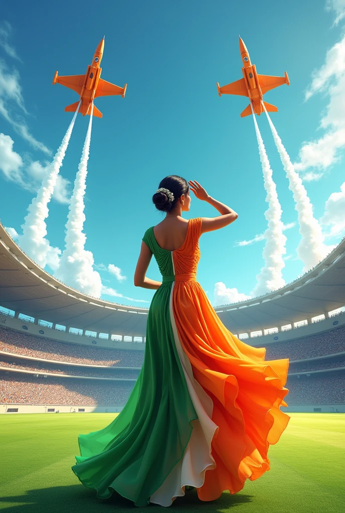 Woman name Bhavika writen on her Indian flag tri colour dress salute to indian flag on cricket stadium, in sky 2 fighter jet smoke indian tri colour 