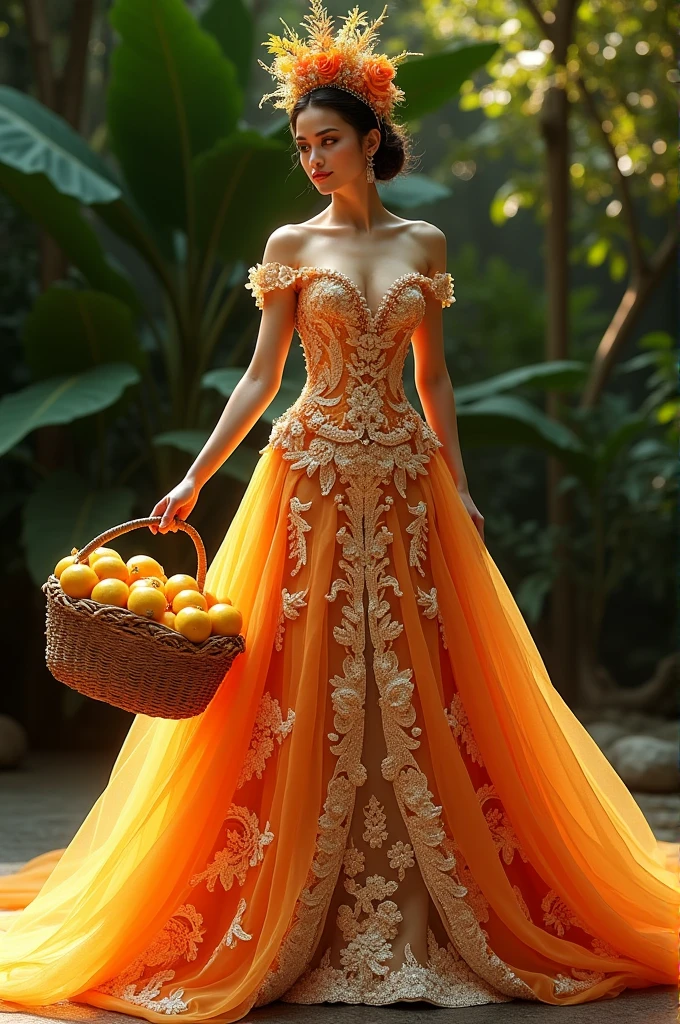 generate a lanzones festival gown that is extravagant and has headress and a basket in hand full of lanzones