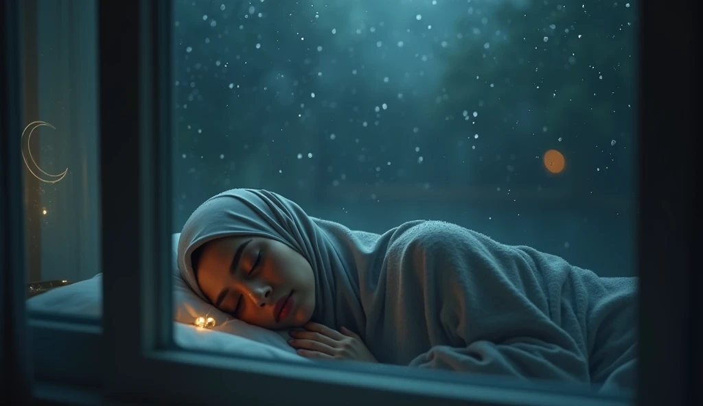 A Muslim woman in a headscarf,slept in her room accompanied by the rain,rain on the glass window, the woman slept,At night it rained 
