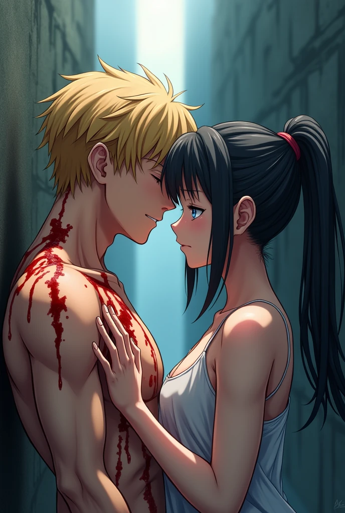 man, tall blonde, Beautiful inflated body, eyes closed, sad smile, covered in blood, girl with black long hair braided into a ponytail, crying, Blue eyes, anime art, masterpiece, good quality, They are separated by an invisible wall, they place their palms against this wall
