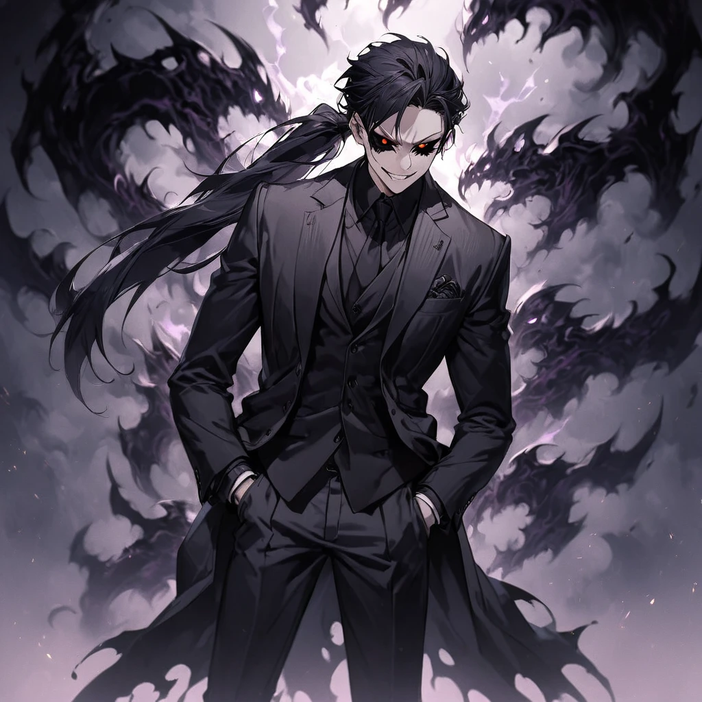 1MEN, PONYTAIL HAIR, FULL MAT BLACK SUIT, FULL BLACK EYES,, DARK AURA, WHITE BACKGROUND, DARK THEME, STANDING, HANDS ON POCKET, SMIRK EXPRESSION, (Dark Aura), FANTASY, ANIME, MOVIE STYLE, CINEMATIC, (Black_Sclera_Eyes_V2),