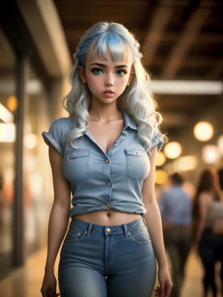 masterpiece,best quality, photography, style of Philip Lorca diCorcia, cinematic film photo of young girl aged 18yo, 1girl, solo, blue and white hair, long wavy hair, air bangs, green eyes, tan skin, light makeup, short height, body, athletic body, large breasts, perfect lips, wearing a blue flannel shirt, wearing blue jeans, cute face, ,vignette, highly detailed features, high budget, bokeh, cinemascope, moody, epic, gorgeous