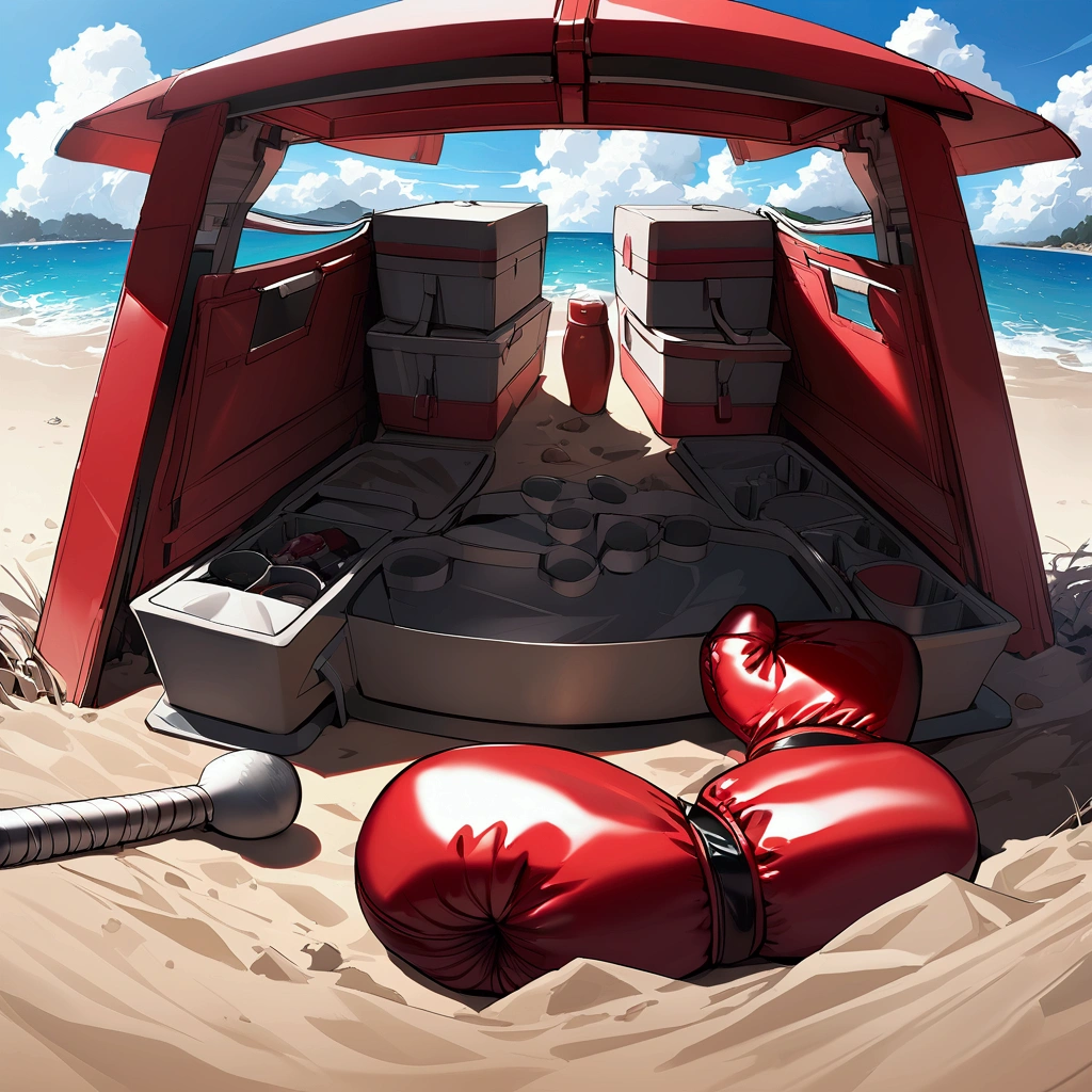 red boxing gloves　Summer beach　Sandy Beach