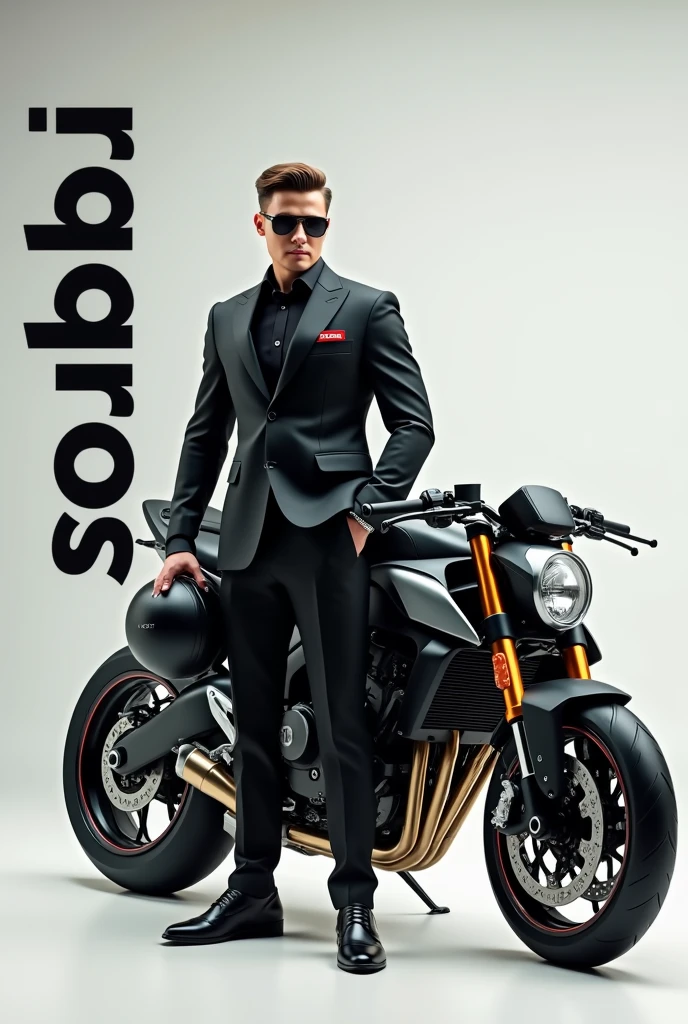 An attitude man standing beside sports bike with a helmet in his hand and type "sobuj" vertical and big front
