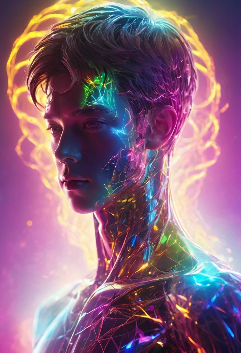 Suprem God, Ultra detailed illustration of the silhouette of a multidimensional Adolescent boy entity, phantasmagorical Adolescent figure made of pure Cosmic energy, (((translucent skin:1.5))), (((translucent body:1.5))), neon lights, light particles, colorful, cmyk colors, backlit,