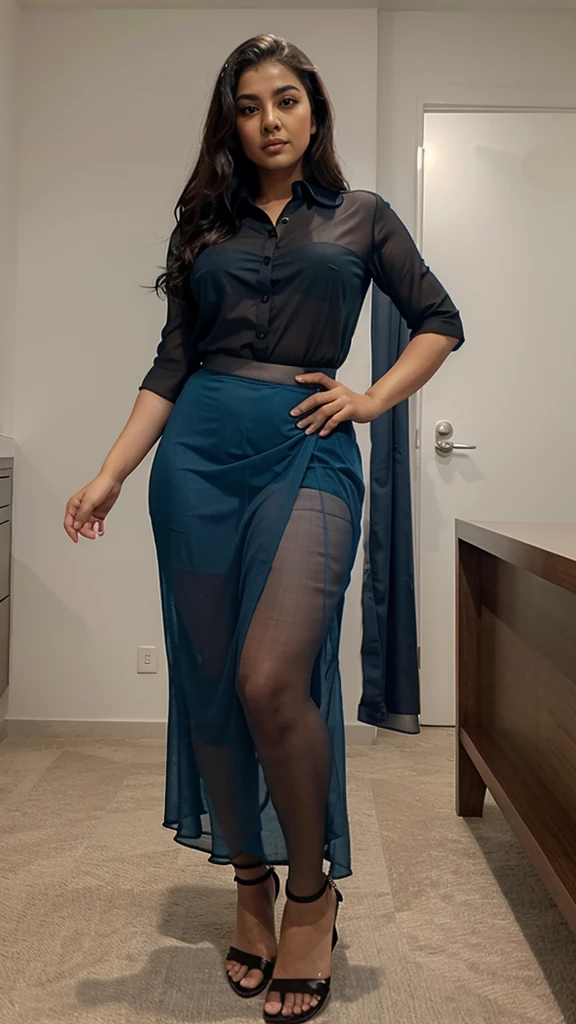 Office scene, A radiant, full-figured South Indian 35 year old aunty a blue colour  fully transparent chiffon skirt and black colour fully transparent chiffon shirt, captured in a full-body image with vibrant hues and meticulous details. Full body image