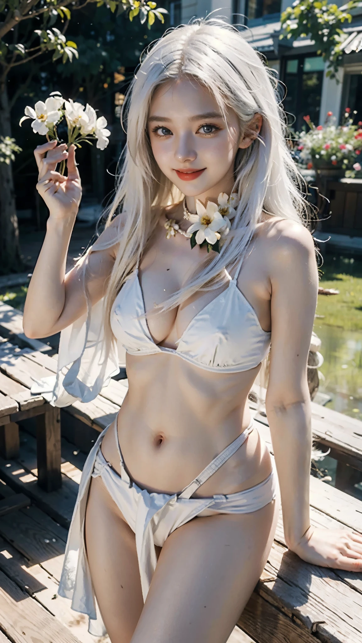 masterpiece, best quality, 1girl, white hair, smiling, looking at viewer, adult, fully mature, holding flower, naked