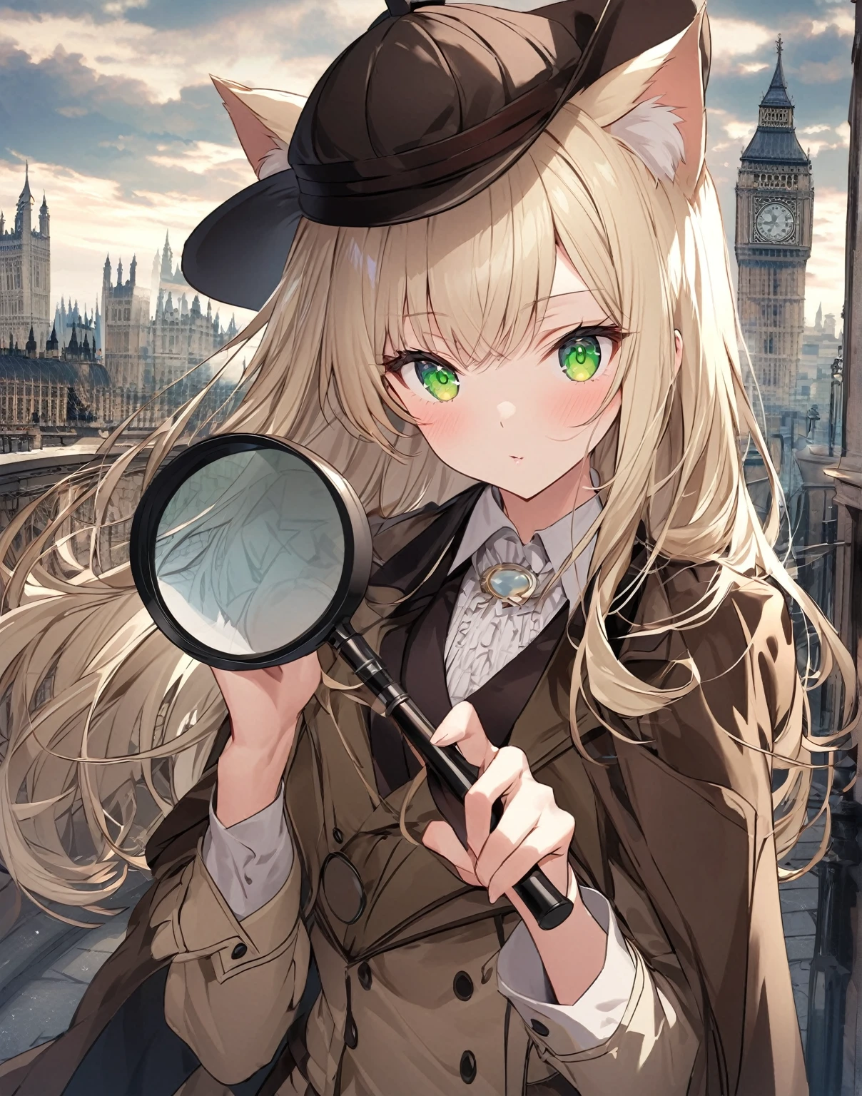 Face shot, Eyes macro, 1 anime catgirl, pale blonde cat ears, neko ears, with long pale blonde hair, wearing like sherlock holmes clothes. The character is in a standing pose and has an elegant and refined appearance. She has accent green eyes, detailed anime eyes, She has an investigating pose with a Magnifying glass in the hand, she is looking through the magnifying glass. She has a confident expression, like she has discovered the Guilty. Khaki coat, sherlock holmes hat, investigating. She is in london, famous London steet with a view over some famous London location