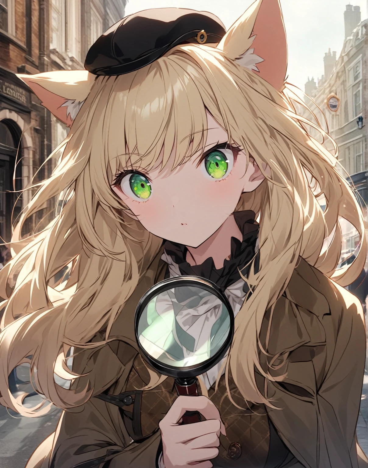 Face shot, Eyes macro, 1 anime catgirl, pale blonde cat ears, neko ears, with long pale blonde hair, wearing like sherlock holmes clothes. The character is in a standing pose and has an elegant and refined appearance. She has accent green eyes, detailed anime eyes, She has an investigating pose with a Magnifying glass in the hand, she is looking through the magnifying glass. She has a confident expression, like she has discovered the Guilty. Khaki coat, sherlock holmes hat, investigating. She is in london, famous London steet with a view over some famous London location