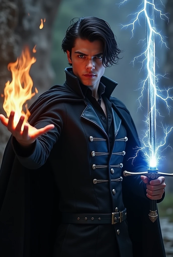 A young man wearing a black military suit, with a serious look, let black fire come out of his left hand and black lightning from his right hand. Let her hair fall slightly on her forehead in black color. Have a black cloak.Let the guy have a beautiful face and blue eyes. Let the suit be a modern suit of the future in black. Let the lightning be black.Let him have a black sword in his hand, and let the sword be surrounded by black fire.
