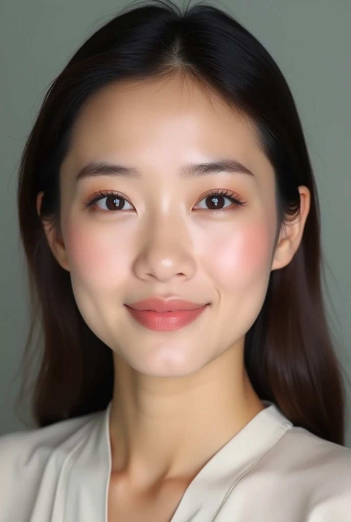 Create an image of a Vietnamese woman's face with a simple and natural makeup look suitable for a professional work environment. The makeup should include a light foundation, subtle blush, natural-looking eyebrows, neutral eyeshadow, a touch of mascara, and a soft nude or pink lipstick. The overall appearance should be elegant, fresh, and polished, emphasizing her natural beauty.