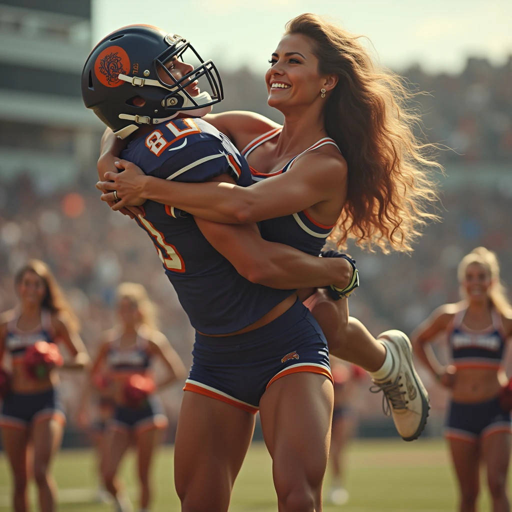 football quarterback cradle carried by a Beautiful and strong cheerleader. Woman carrying man. Football player completely lifted off the ground by the strong cheerleader. Cheerleaders in background.