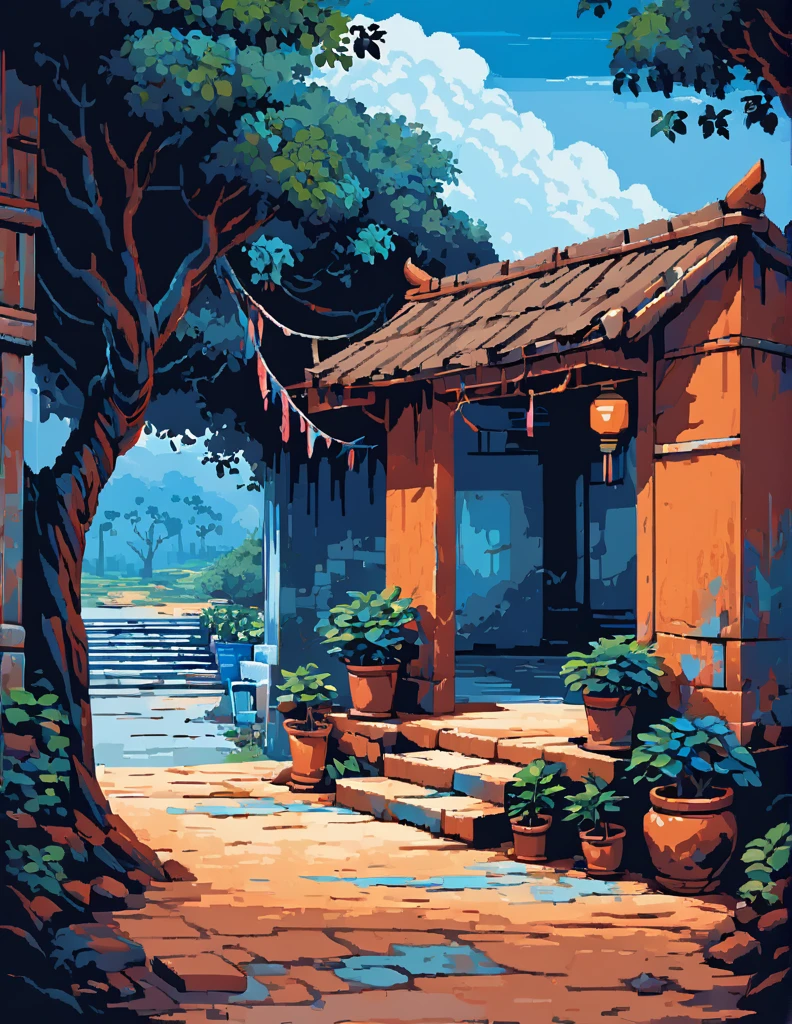 wide view, indian hut, cracked walls, blue faded paint, stairs, banyan tree outside, blue pinkish sky, evening time, earthy tones, clothes hanging on wire, windy, plant pots outside, old broken small gate, mud verandah, shed, cozy atmosphere, micro landscape, intrinsic details, masterpiece