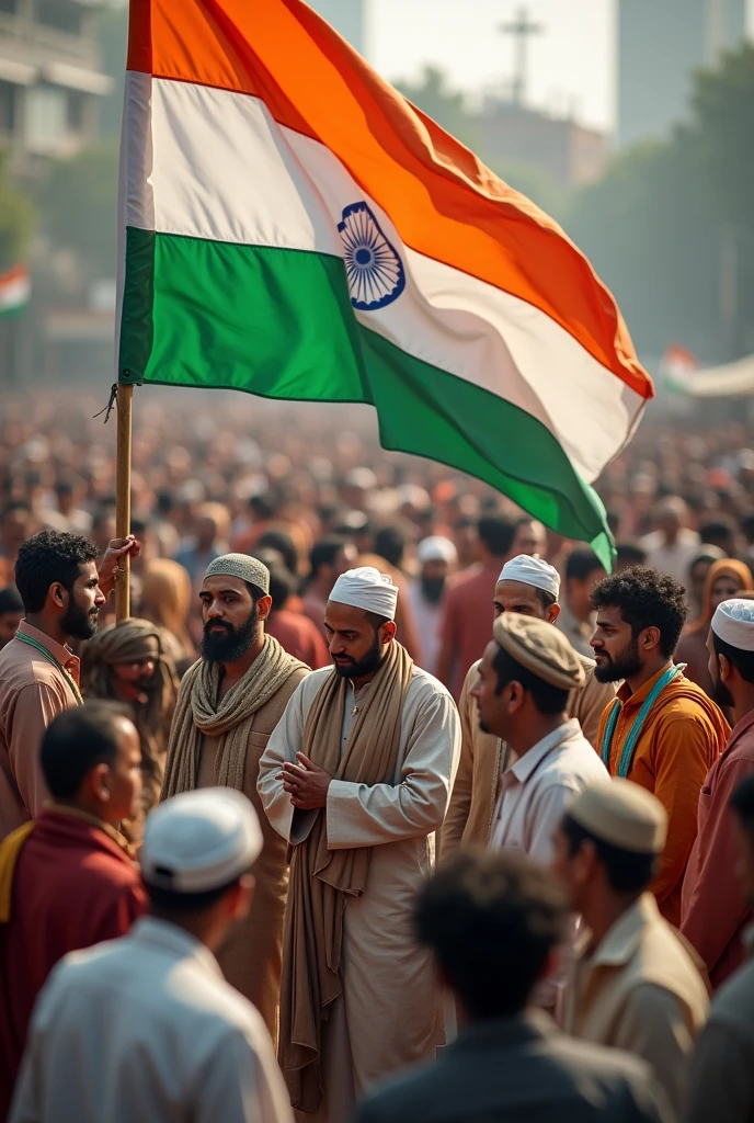 Realistic image of Indian Flag with people of different religions around it