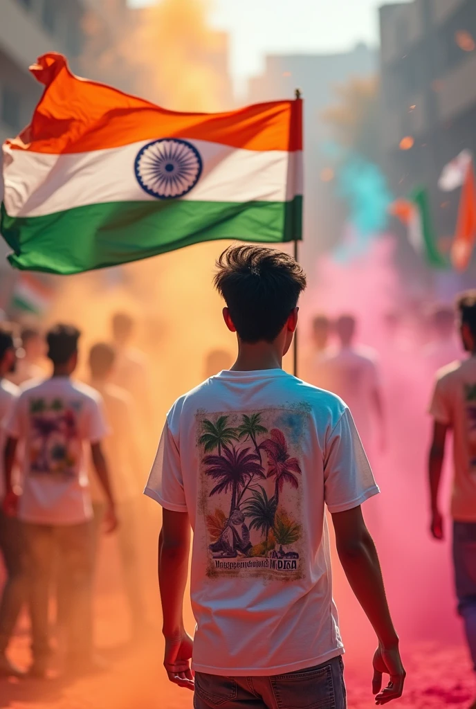 Independence Day white T-Shirt Back Printed Haidar
Tricolour flag in hand, gulal colour all around and a tricolour flag fluttering in front men for 17 year and no beard and men back side is see

