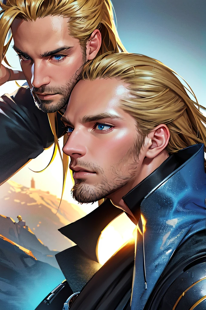 a man in his 30s, long blonde hair, sparse beard, blue eyes, determined expression, wearing a black tactical jacket, cinematic lighting, dramatic pose, 8k, photorealistic, hyper detailed, exquisite facial features, sharp focus, digital art, concept art, sci-fi, realistic, masterpiece