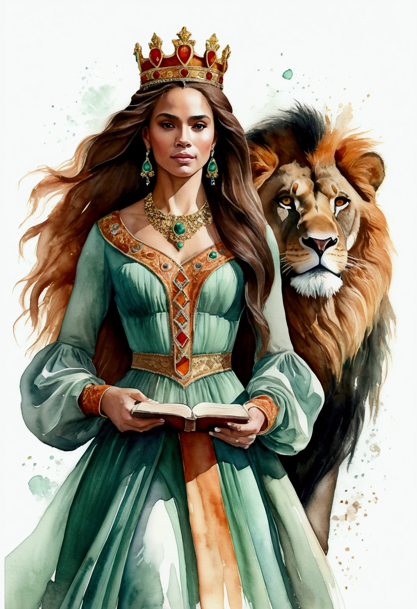 "Create a visually stunning watercolor and realism illustration featuring a beautiful woman wearing a long, long-sleeved, modest, mint and orange dress with many layers of flowing fabrics, and walking, holding the Bible in her hand alongside a king majestic lion with a beautiful crown. The woman has long flowing dark shiny hair, honey colored eyes and her dress is adorned with jewels. The lion king, crowned at her side has a powerful presence, with an elegant and muscular body and fur. that shines with radiant brilliance. Watercolor image with smoky edges in a brushed watercolor style, capturing the beauty and power of the woman and the lion.”