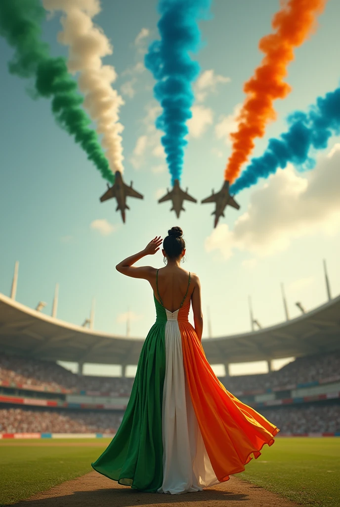 Woman name "Bhavika" writen on her Indian flag tri colour dress salute to indian flag on cricket stadium, in sky 2 fighter jet smoke indian tri colour 