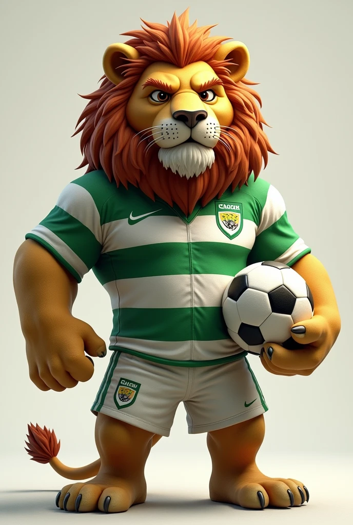 Realistic lion animal wearing a green and white shirt, holding a soccer ball with a defiant look.