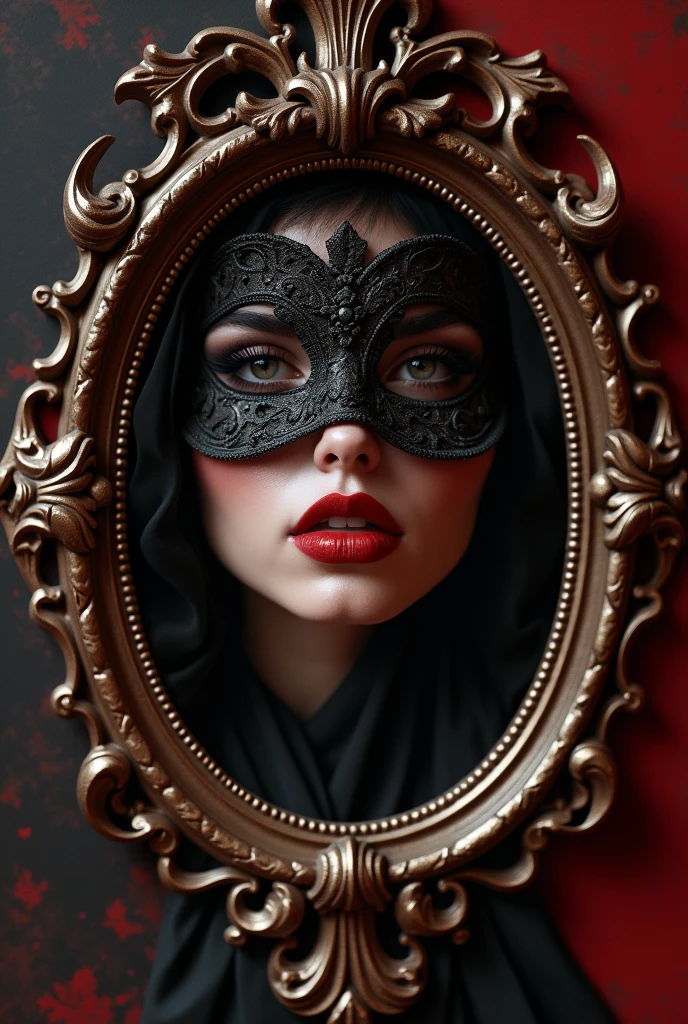 Logo close up woman's face with ornate frame contour , burlesque style, the woman with velvet mask