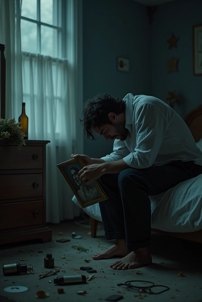 Man sitting on the edge of the bed, a portrait in hand, sad, melancholy, sobbing, remembering, To the woman who left forever, Drowning his sorrow with (several bottles of alcohol), drugs scattered everywhere visible, a room somewhat dark, dark, sober, wishing to die to be with her, some rays of moonlight enter subtly, illuminating some spaces of the room, on the dresser some wilted flowers that he never delivered.