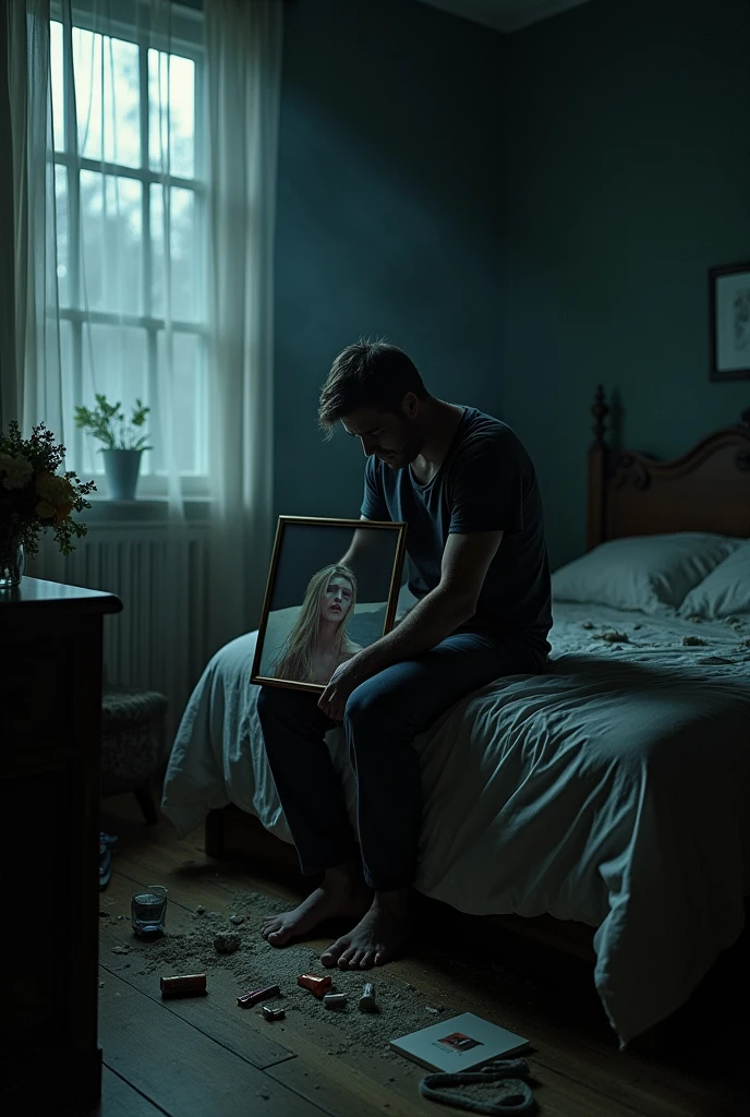 Man sitting on the edge of the bed, a portrait in hand, sad, melancholy, sobbing, remembering, To the woman who left forever, Drowning his sorrow with (several bottles of alcohol), drugs scattered everywhere visible, a room somewhat dark, dark, sober, wishing to die to be with her, some rays of moonlight enter subtly, illuminating some spaces of the room, on the dresser some wilted flowers that he never delivered.