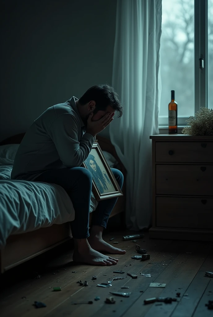 Man sitting on the edge of the bed, a portrait in hand, sad, melancholy, sobbing, remembering, To the woman who left forever, Drowning his sorrow with (several bottles of alcohol), drugs scattered everywhere visible, a room somewhat dark, dark, sober, wishing to die to be with her, some rays of moonlight enter subtly, illuminating some spaces of the room, on the dresser some wilted flowers that he never delivered.