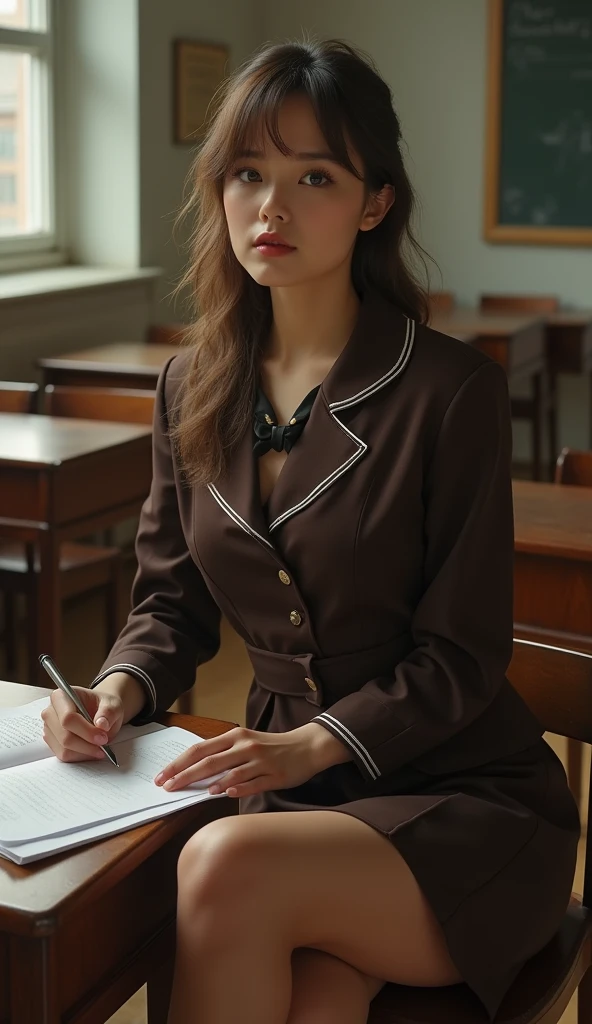 pretty russian girl , classic USSR school uniform, dark brown clothes, beige thighs, nylons, shoes, heels, seductive, study, classroom, high resolution, ((masterpiece, Best quality at best)), (complex lighting),  Masterpiece, Best Quality, Detailed image, Detailed Face, perfect lighting, Perfect shadows, Perfect eyes, focus on girl, gorgeous body, Hourglass body, 