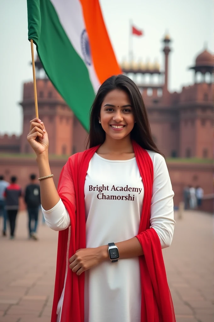 A real 16 year old indian beautiful girl stands in beautiful ground, holding the large Indian national flag aloft. She is wears white colour kurti and a red dupatta with name “Bright Academy,Chamorshi” is clearly written in black bold letter on kurti, and a watch. the girl is looking so pretty , indian,smiling, stylish hair, The background features is lal kila, in full blurred, a large indian flag stands in background, full hd quality picture 32k quality image

