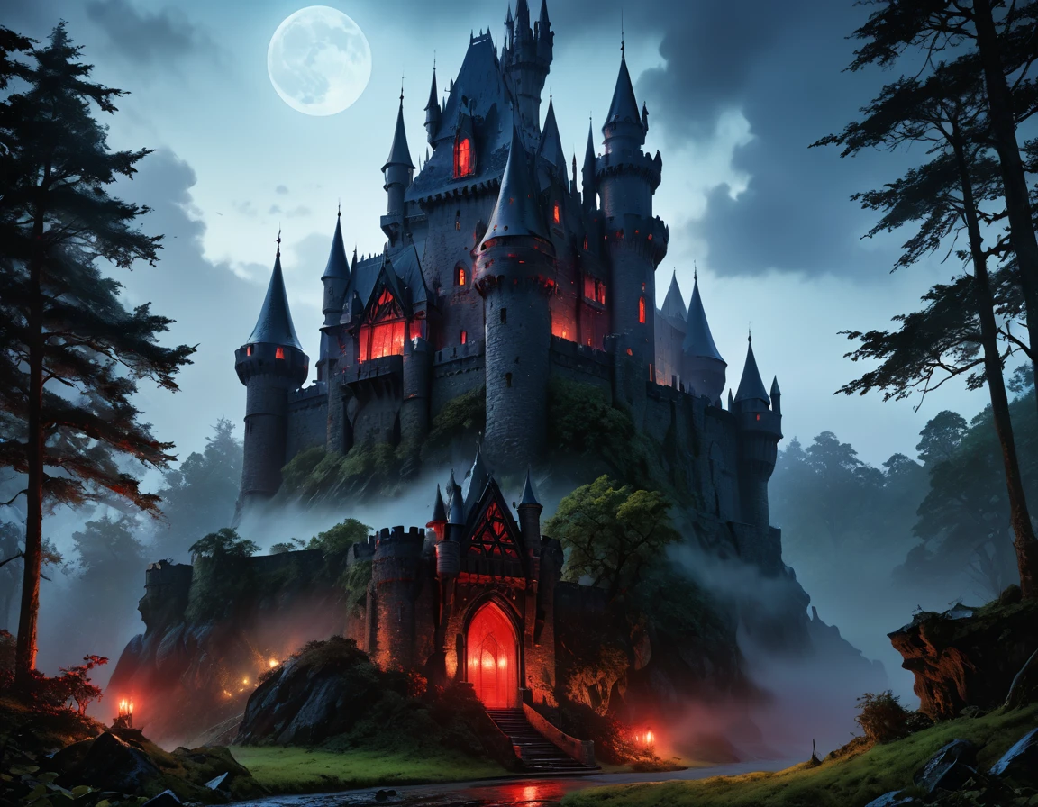 a picture of goth fantasy castle at night surrounded half covered by a ((mist: 1,5)),  a dark fantasy castle, (goth castle: 1.4), with towers and (red light : 1.4) coming out of the windows, the castle sits on a hill with few trees, the ((mist covers the ground and some of the castle)), it is night time, the moon is full, dynamic color moon, some stars, dark fantasy forest,  (best details, Masterpiece, best quality :1.5), ultra best realistic pictures , best details, best quality, 16k, [ultra detailed], masterpiece, best quality, (extremely detailed), ultra wide shot, photorealism, depth of field,