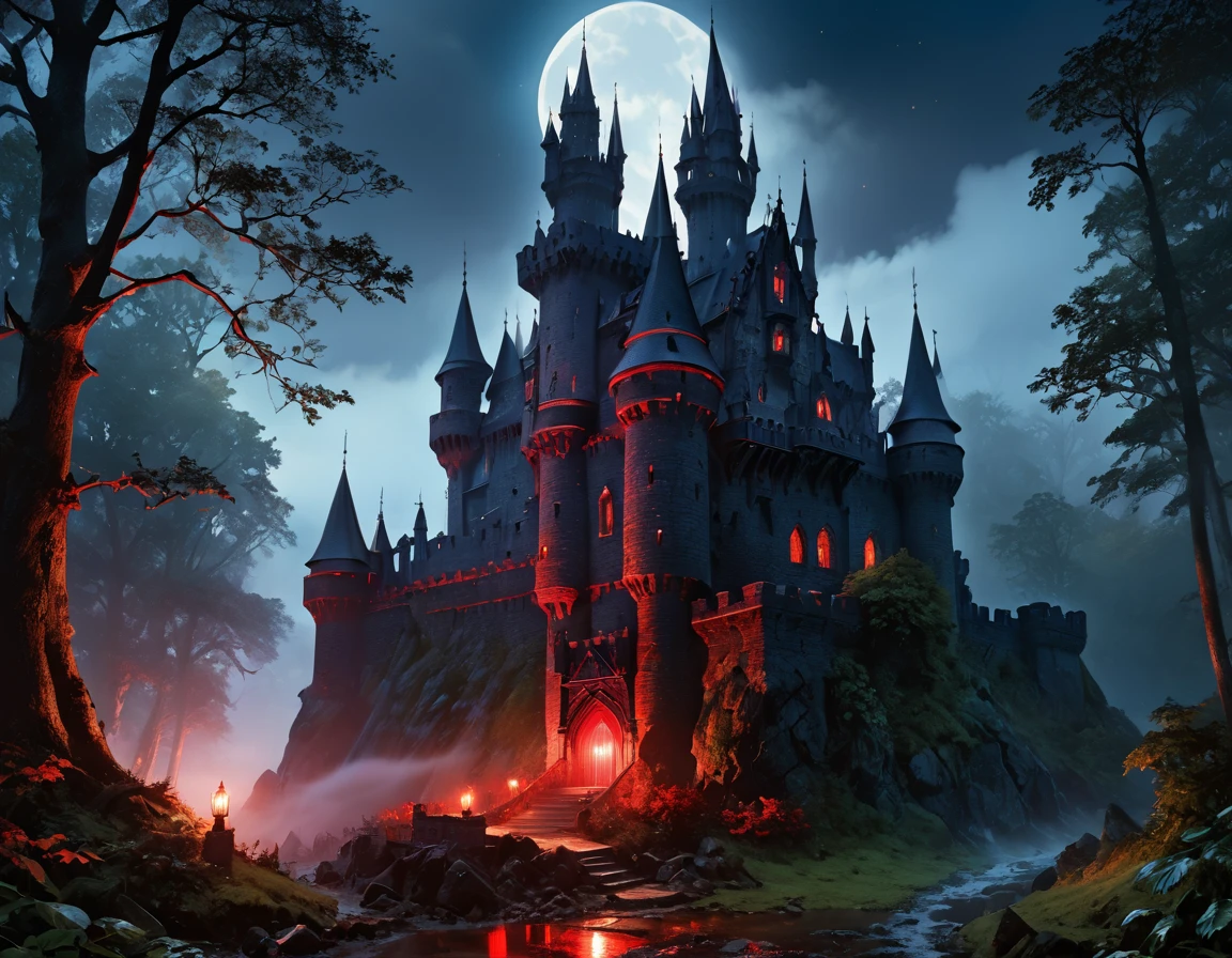 a picture of goth fantasy castle at night surrounded half covered by a ((mist: 1,5)),  a dark fantasy castle, (goth castle: 1.4), with towers and (red light : 1.4) coming out of the windows, the castle sits on a hill with few trees, the ((mist covers the ground and some of the castle)), it is night time, the moon is full, dynamic color moon, some stars, dark fantasy forest,  (best details, Masterpiece, best quality :1.5), ultra best realistic pictures , best details, best quality, 16k, [ultra detailed], masterpiece, best quality, (extremely detailed), ultra wide shot, photorealism, depth of field,