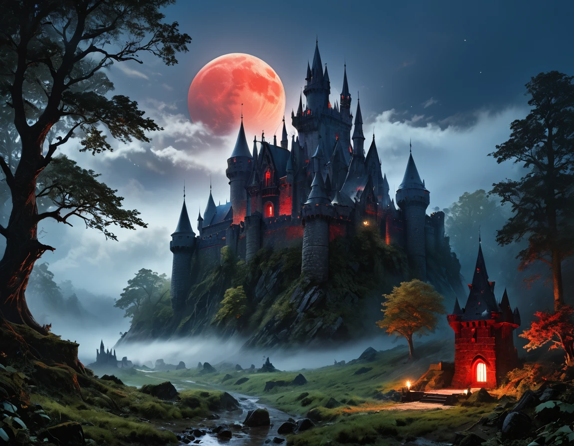 a picture of goth fantasy castle at night surrounded half covered by a ((mist: 1,5)),  a dark fantasy castle, (goth castle: 1.4), with towers and (red light : 1.4) coming out of the windows, the castle sits on a hill with few trees, the ((mist covers the ground and some of the castle)), it is night time, the moon is full, dynamic color moon, some stars, dark fantasy forest,  (best details, Masterpiece, best quality :1.5), ultra best realistic pictures , best details, best quality, 16k, [ultra detailed], masterpiece, best quality, (extremely detailed), ultra wide shot, photorealism, depth of field,