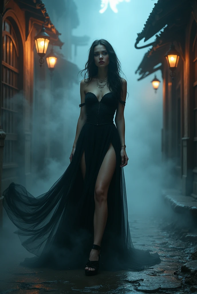 a picture of mist covered female vampire, you see only glimpses of her body pair of ((glowing eyes: 1.3)) through the mist, high heels, black high heels, glamour dress, dynamic color dress, fantasy dark alley background, torchlight, (best details, Masterpiece, best quality :1.5), ultra best realistic pictures , best details, best quality, 16k, [ultra detailed], masterpiece, best quality, (extremely detailed), ultra wide shot, photorealism, depth of field