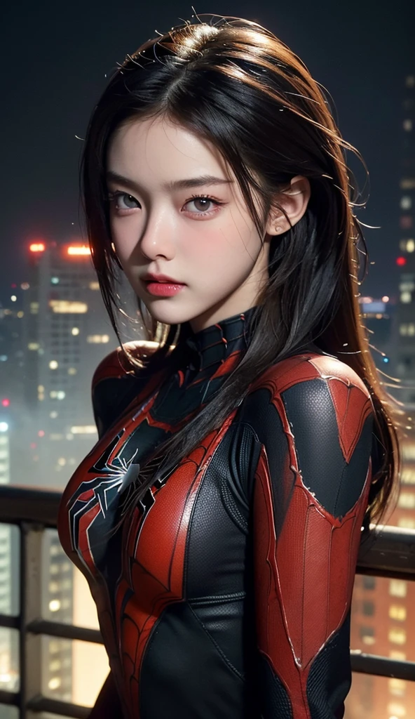 ((Masterpiece:1.2, Highest quality, Ultra-high resolution, UHD)), (Realistic, photo Realistic:1.6), High-resolution RAW color photos, Professional photos, Sharp focus:1.2, Very detailed, (Very detailed face and skin texture, Very beautiful eyes, Glossy skin, Glowing Skin, Glowing Skin, Shining Face, real Glossy skin texture, Oily skin, greasy face, Oily skin, greasy face), ((Perfect Anatomy, accurate anatomy, best anatomy hands, accurate eye, best anatomy eye)),
(do not go beyond the edges of the image:1.65), (rating:safe),
((Dynamic Angle, full body shot)),
1 Girl, ((cute face:1.7), (perfect girl face:1.2)), (beautiful detailed eyes, perceptive eyes, Looking straight at the Viewer), (Beautifully detailed lips), (detailed skin:0.9), (Perfect Texture Hair:1.2), Thin, Pure and Simple, (Natural makeup:1.2),
(Perfect Slender Body of a Young Girl), ((Flat Chest:0.7), (Small Breasts:0.8)), ((Wild Hip:0.7)),
She play a role of super-hero, ((wears Spider-Man suit)), red and black color scheme, spider, very detailed city roof background, rooftop, overlooking the city, detailed face, detailed complex busy background, messy, gorgeous, milky white, highly detailed skin, realistic skin details, visible pores, clear focus, volumetric fog, 8k uhd, DSLR, high quality, film grain, fair skin, photo realism, lomography, Future dystopian megalopolis, translucent