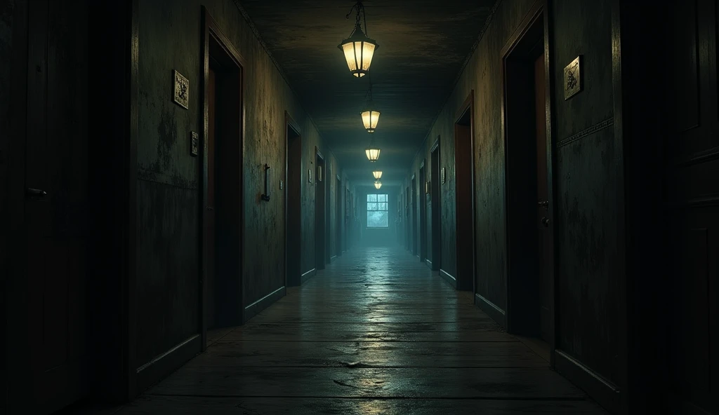 A dark corridor on the upper floor, with several doors on each side.