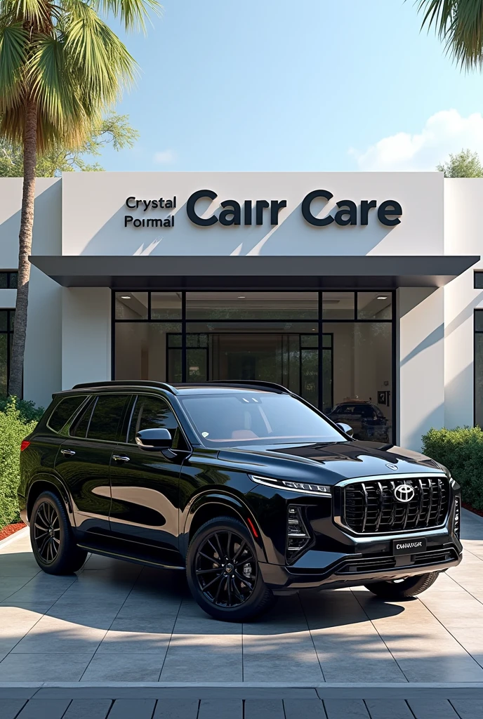 Create a car painting shop a black endevour car infront of shop. The shop name is crystal car care