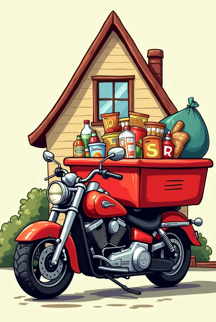 Large red cargo motorcycle with a large red tub with drinks, cereals, bottled milk, bean bag, packaged bread, excluding vegetables, behind the triangular roof of a hand-drawn cartoon style house
