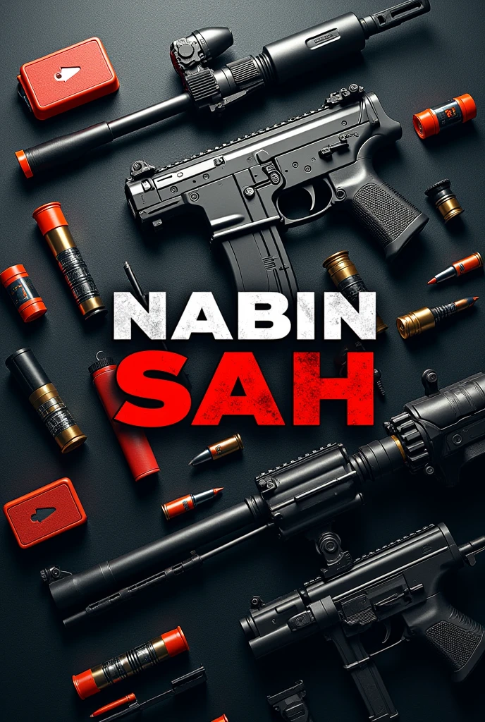 Creat very unique YouTube channel cover size  2560px by 1440px picture that's name Nabin Sah and the background designed by pubg game gun aliments.
