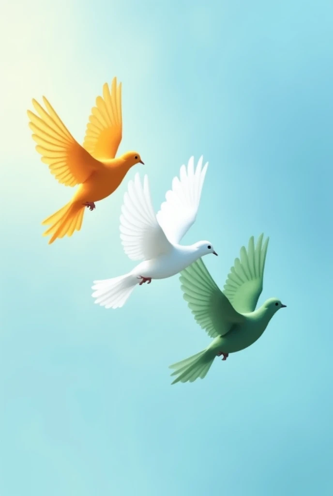 Three dove flying diagonally in the light blue background with top dove is of saffron colour and middle dove is of white colour and bottom dove is of green colour